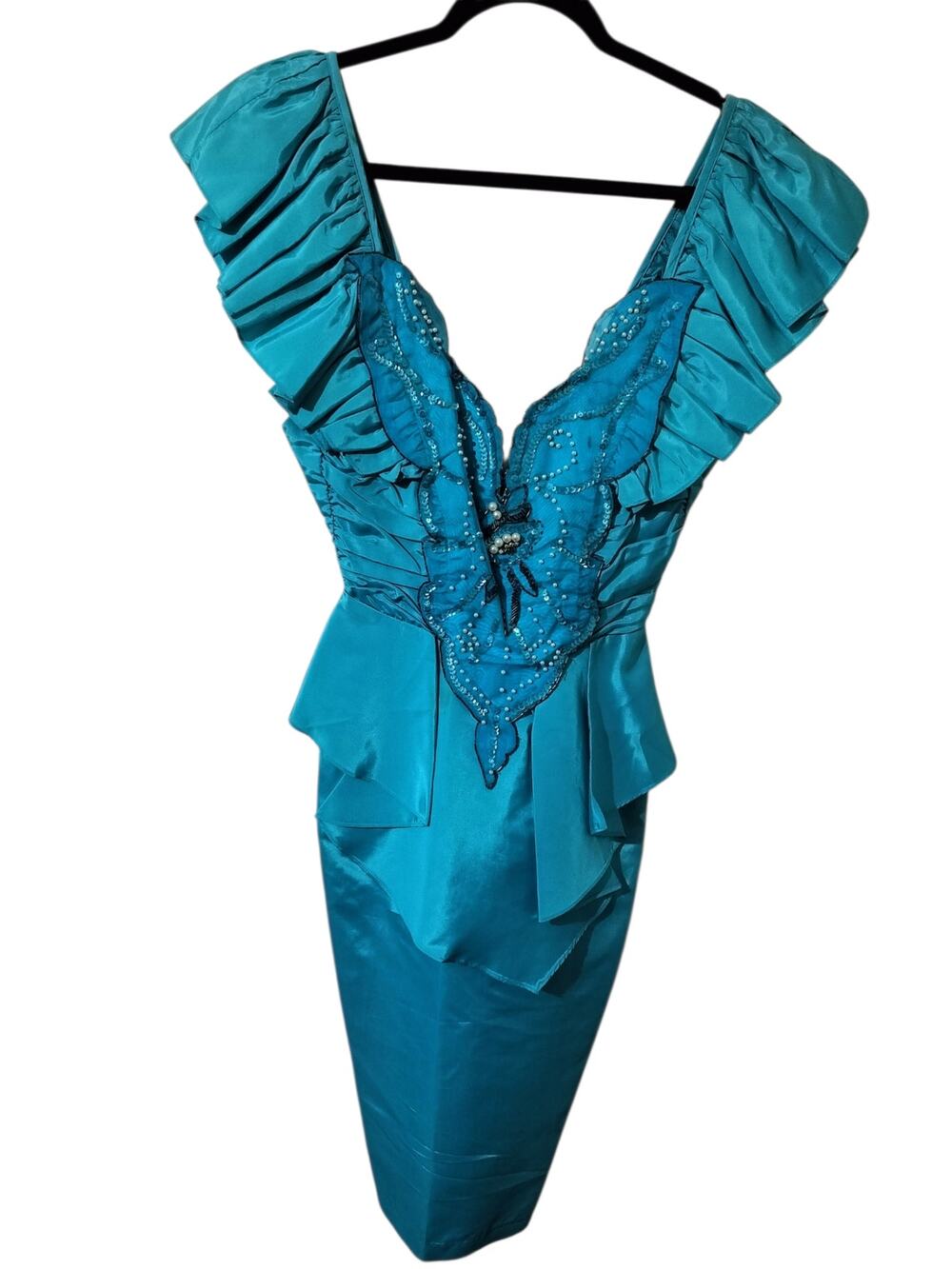 6063)Vtg 80s Climax Karen Okada -David Howard Turquoise Beaded Cocktail Dres 7/8